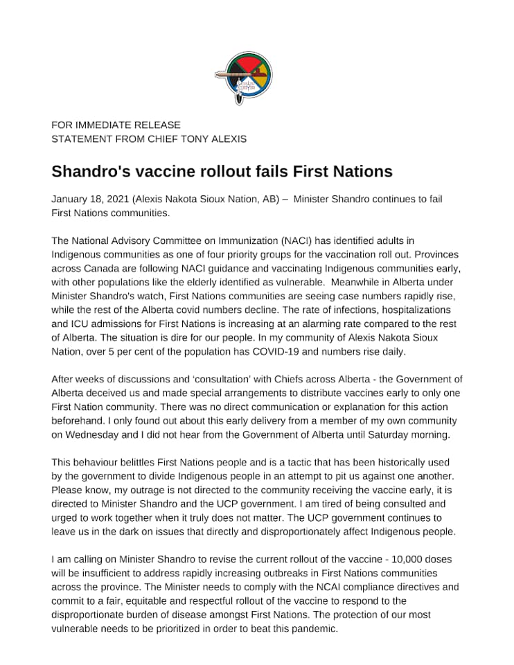Chief Tony Alexis: Shandro's Vaccine Rollout Fails First Nations